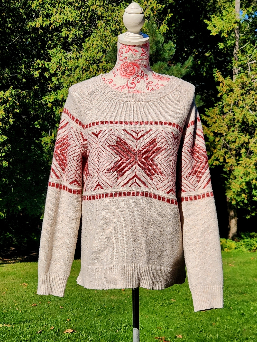 Maurices Cream Sweater with Red Geometric Fair Isle